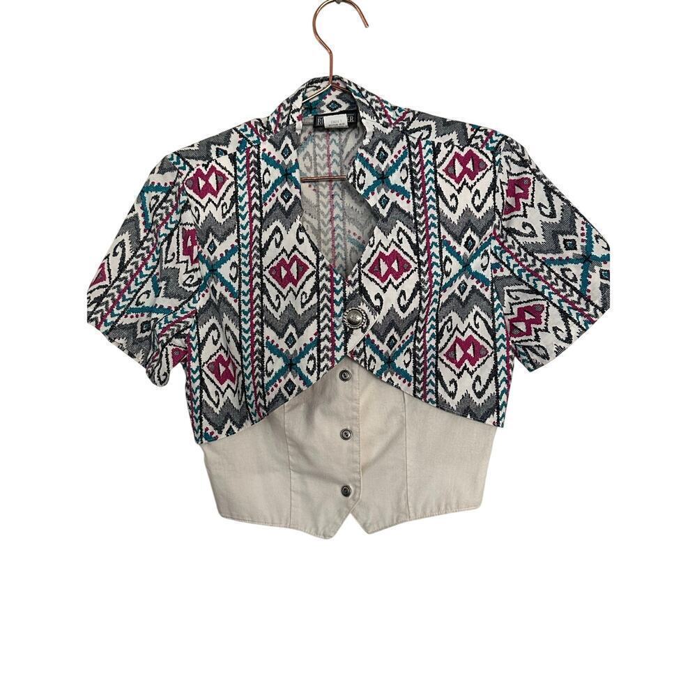 RoughRider Women's Multicolor Cotton V-neckline Button Front Shirt Top Size XS